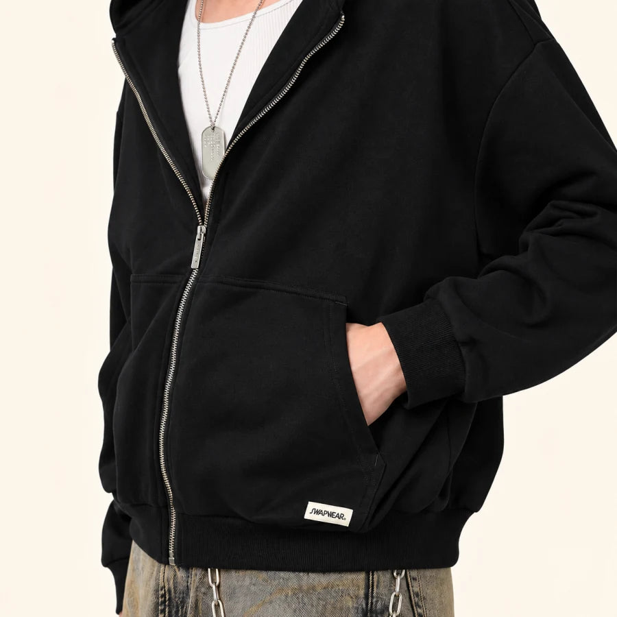 After Hours Hoodie: front zip and pocket detail