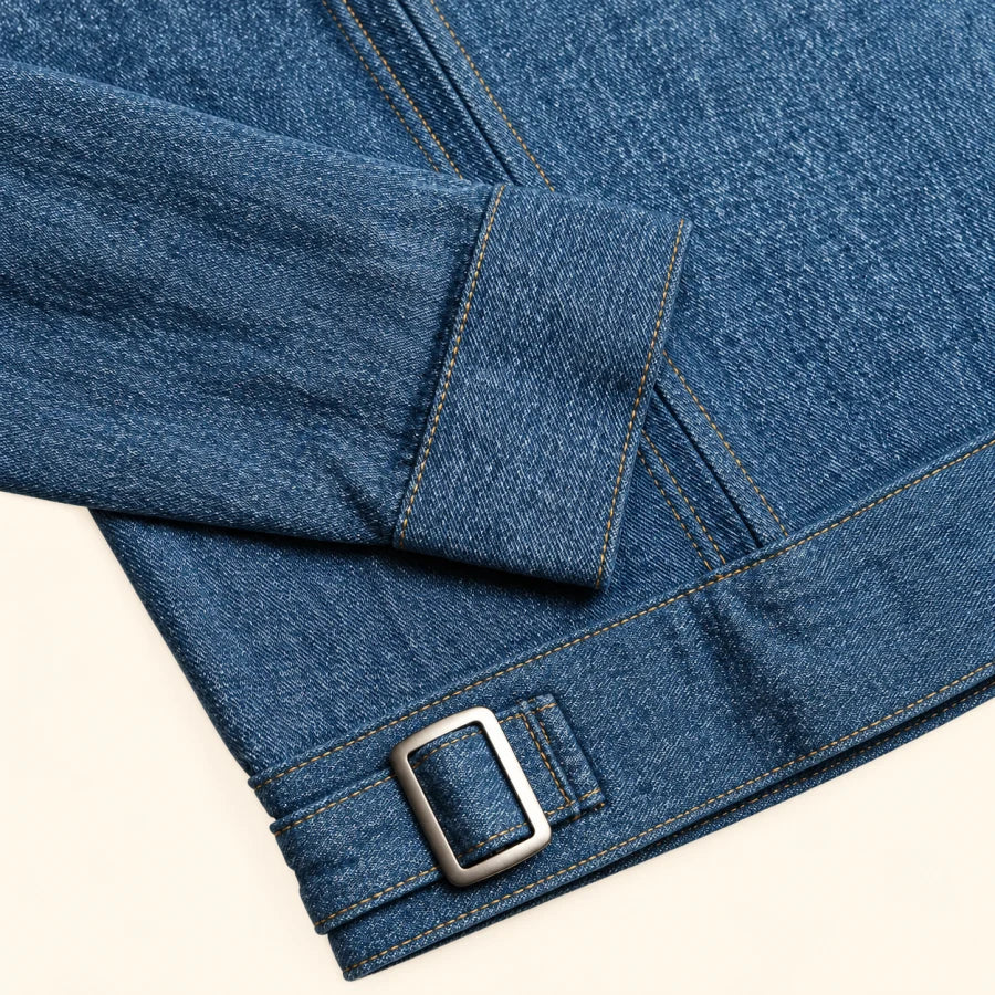 Blu Stone Denim Jacket: silver waist adjuster and cuff detail