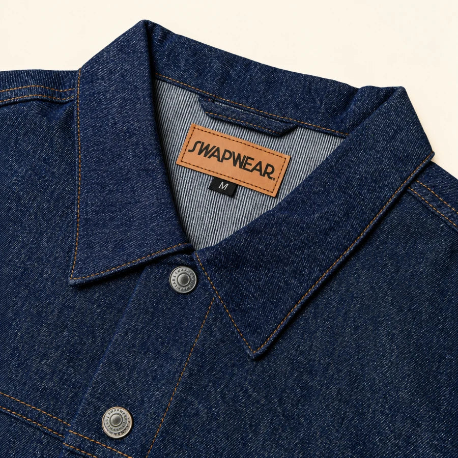 Indigo Denim Jacket: denim, collar and snap detail