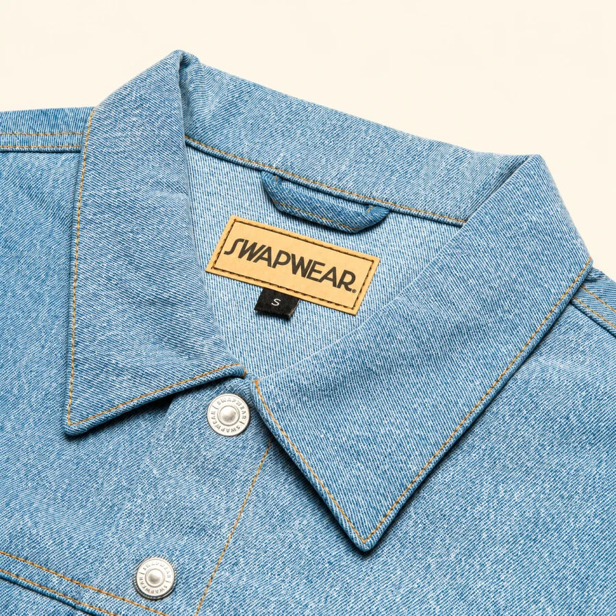 Oceanside Denim Jacket: denim, collar and snap detail