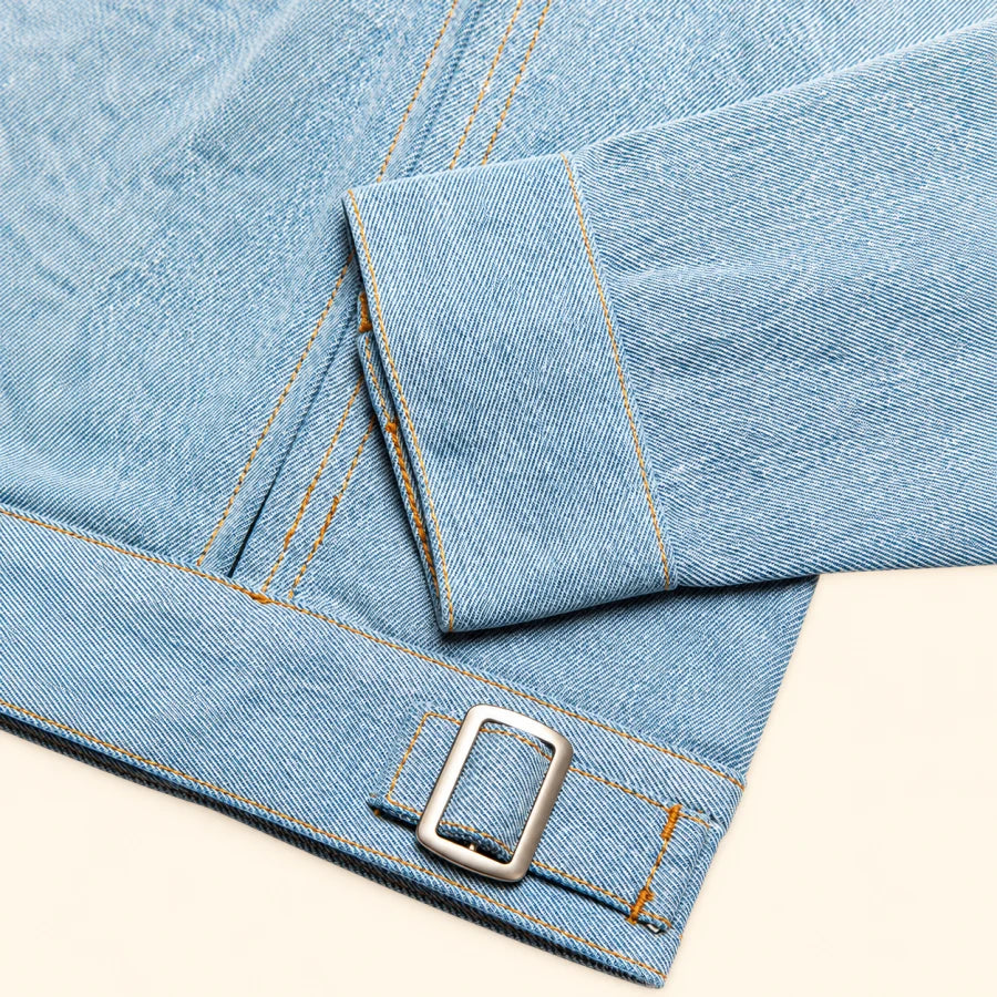 Oceanside Denim Jacket: silver waist adjuster and cuff detail