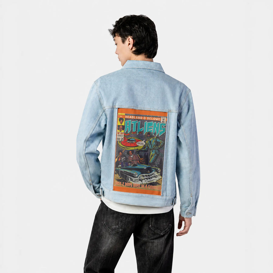 2dopeboyz patch on male og denim jacket in oceanside