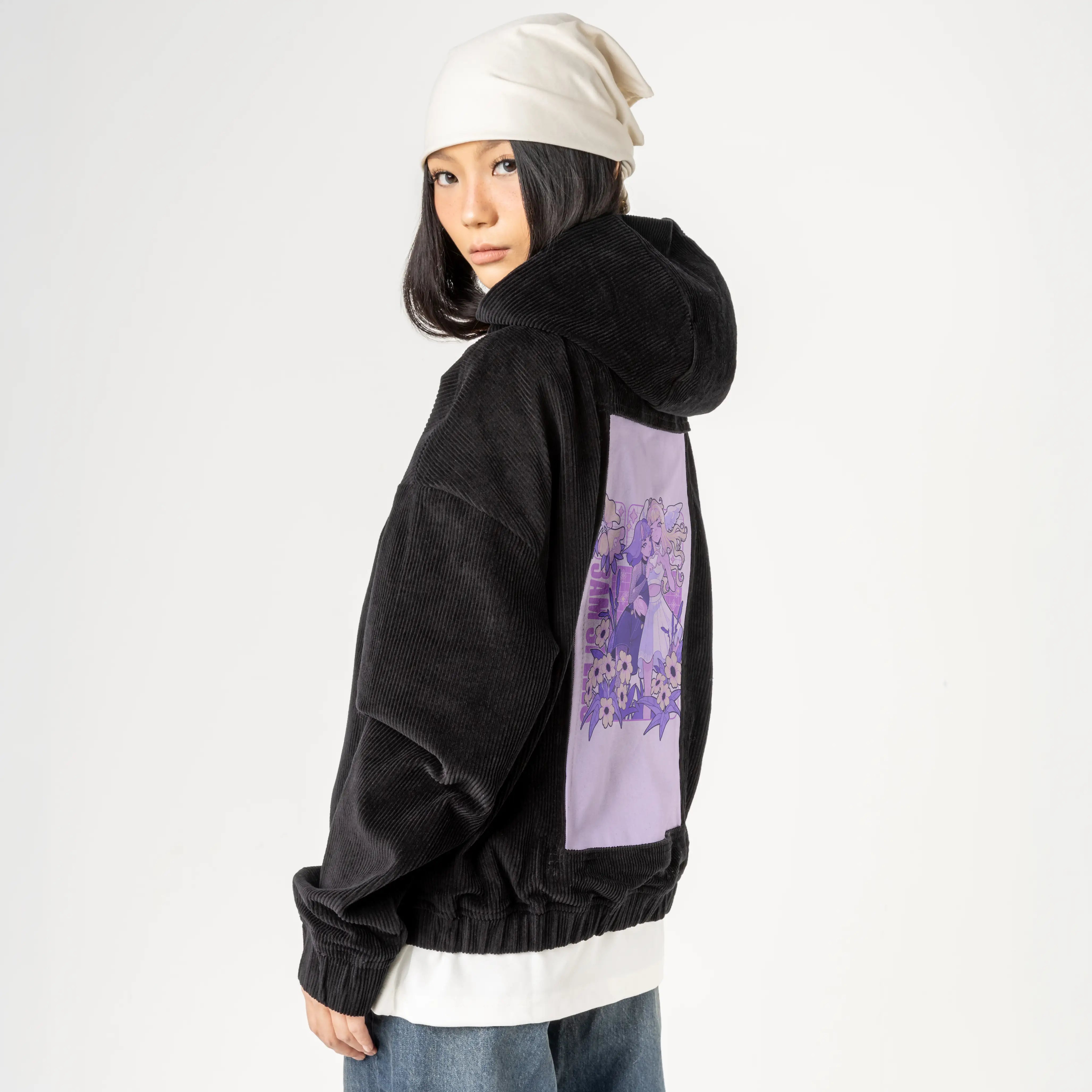 3amspells patch on female retro cord hoodie in onyx