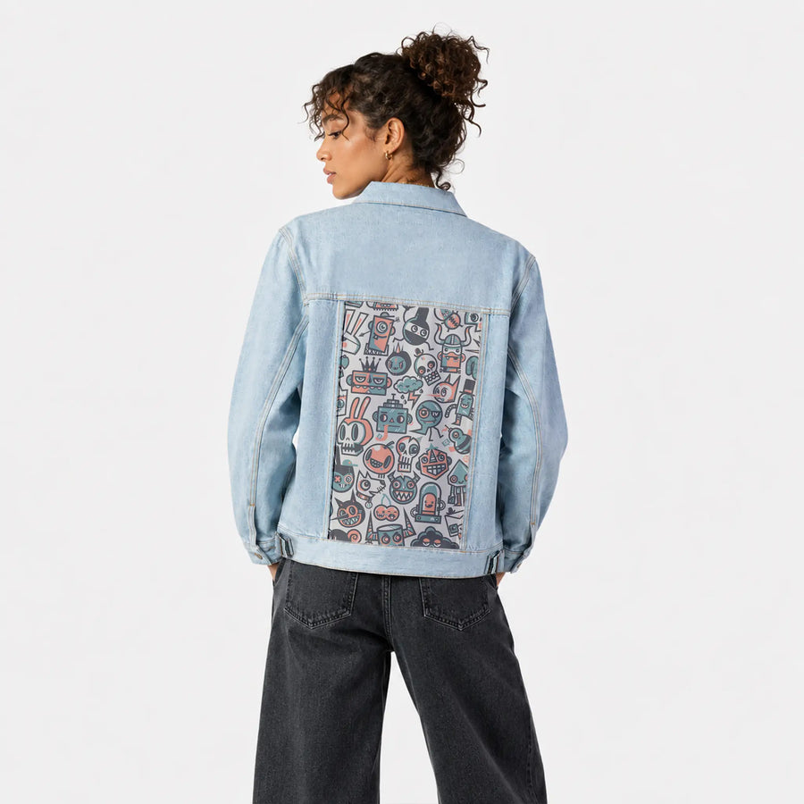 61cartoons patch on female og denim jacket in oceanside