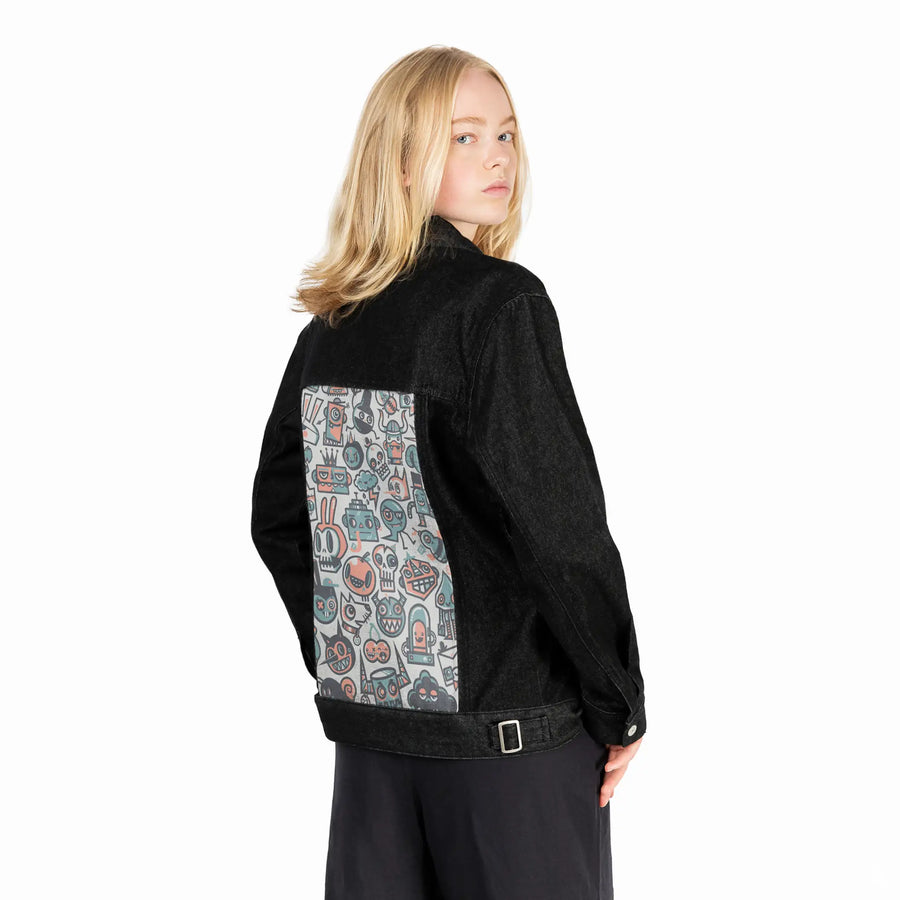 61cartoons patch on female og denim jacket in raven