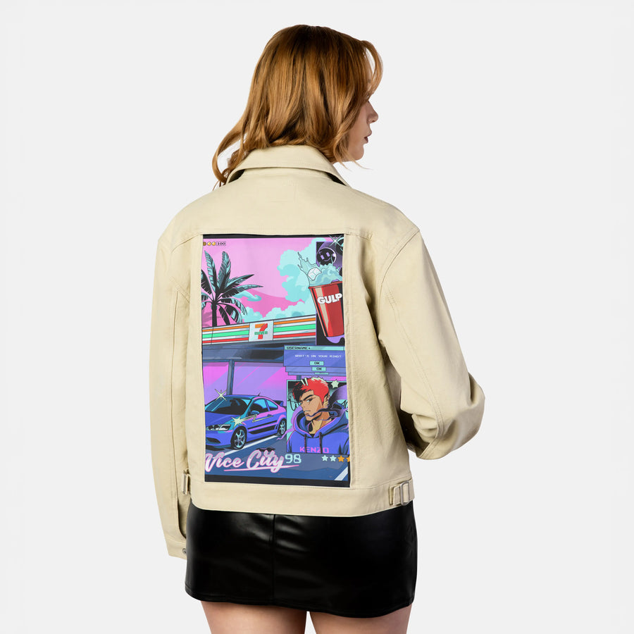 711night patch on female atelier canvas jacket in tan