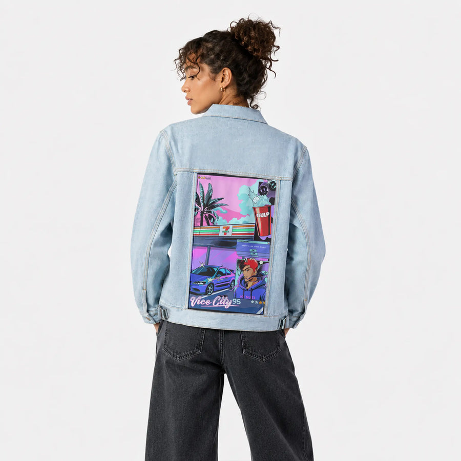 711night patch on female og denim jacket in oceanside