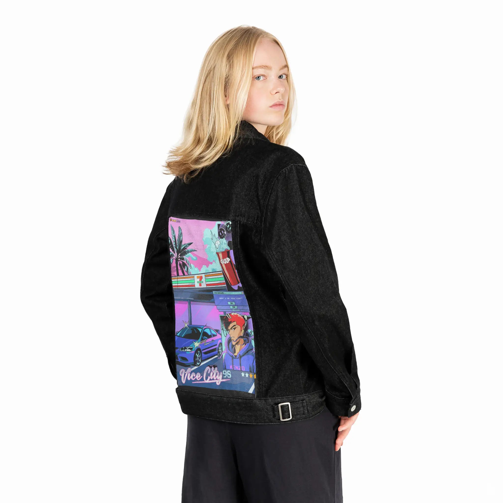711night patch on female og denim jacket in raven