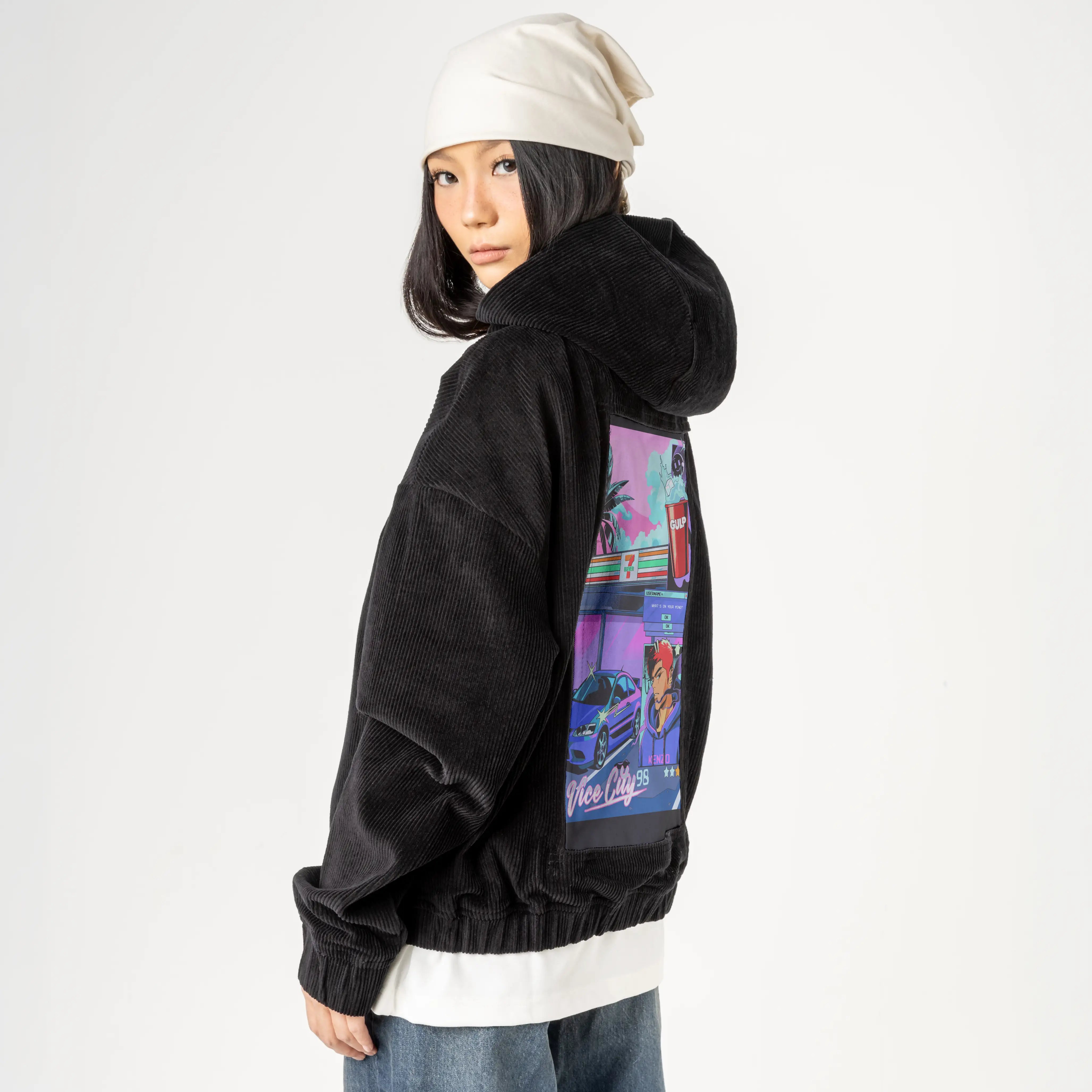 711night patch on female retro cord hoodie in onyx