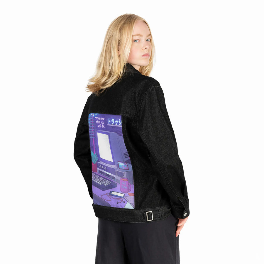 90spc patch on female og denim jacket in raven