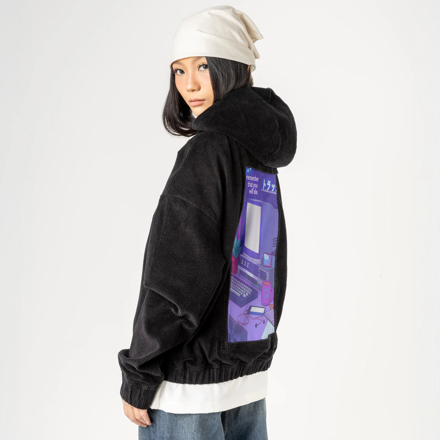 90spc patch on female retro cord hoodie in onyx