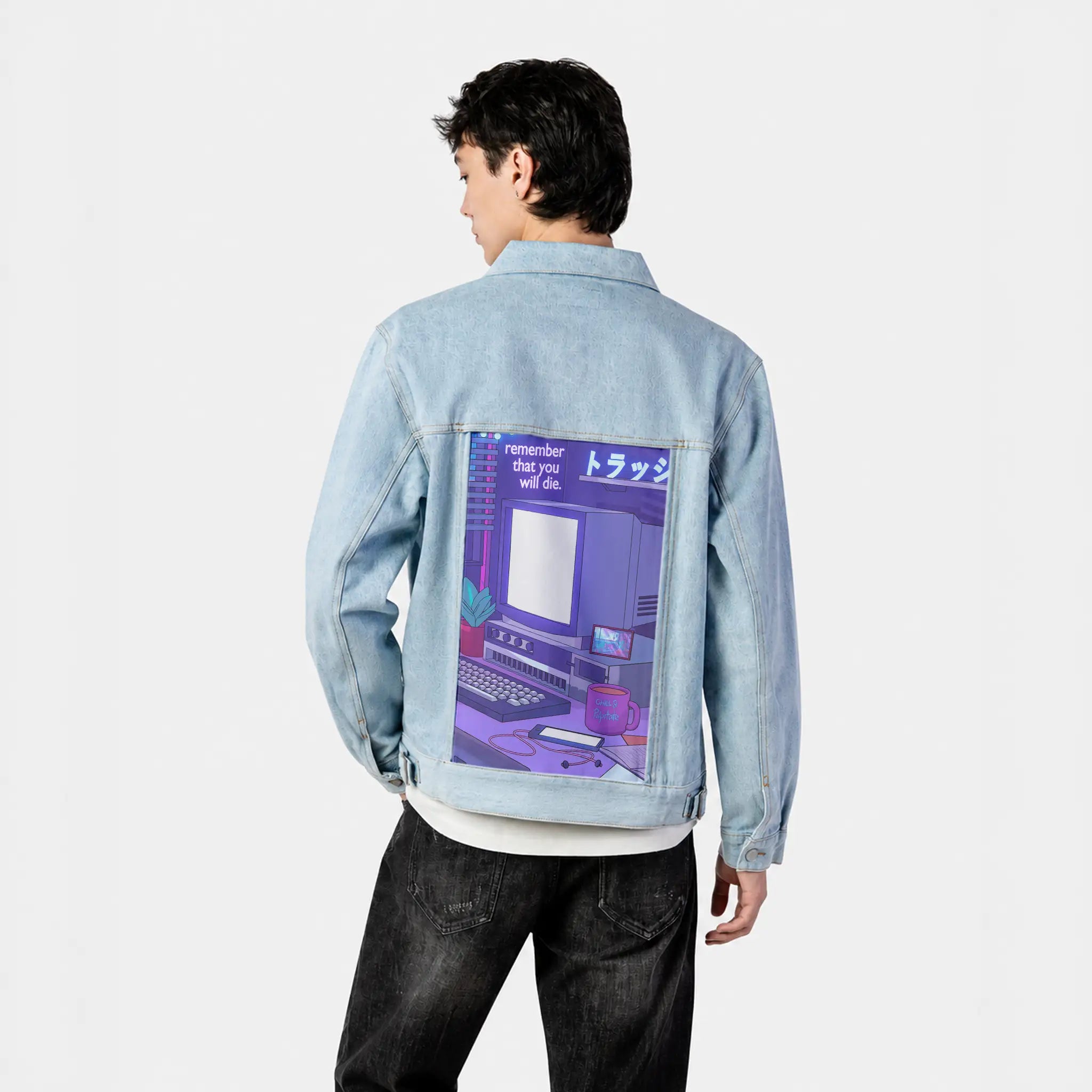90spc patch on male og denim jacket in oceanside