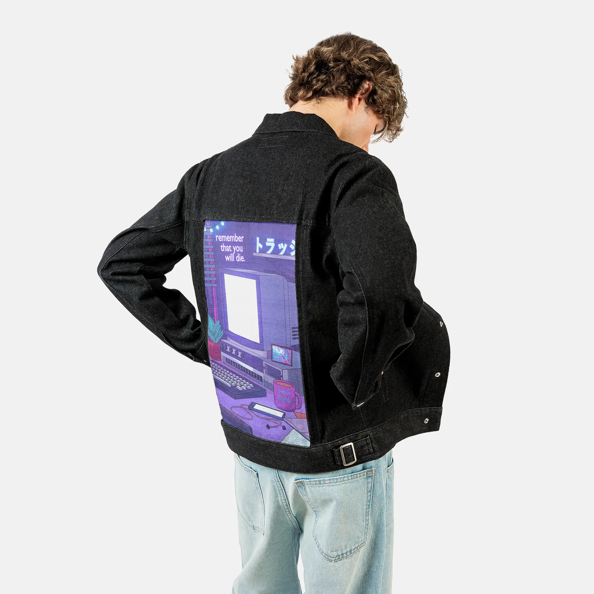 90spc patch on male og denim jacket in raven
