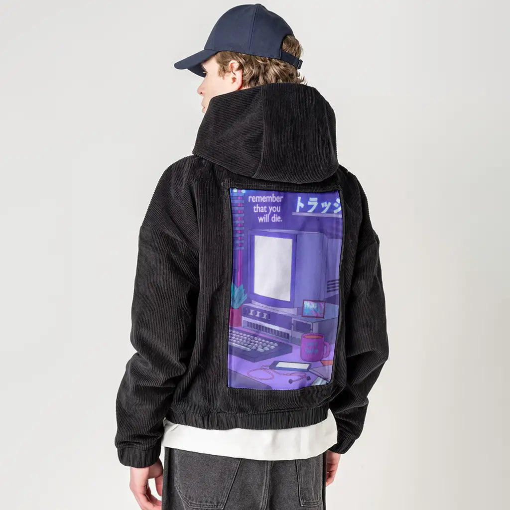 90spc patch on male retro cord hoodie in onyx
