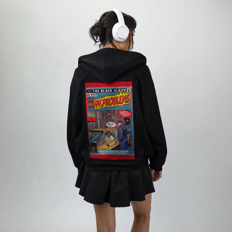 99problems patch on female essential zip hoodie in after hours