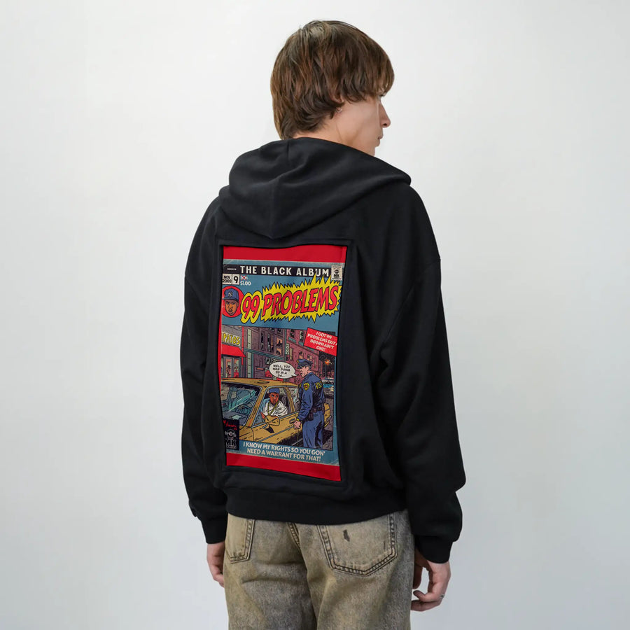 99problems patch on male essential zip hoodie in after hours