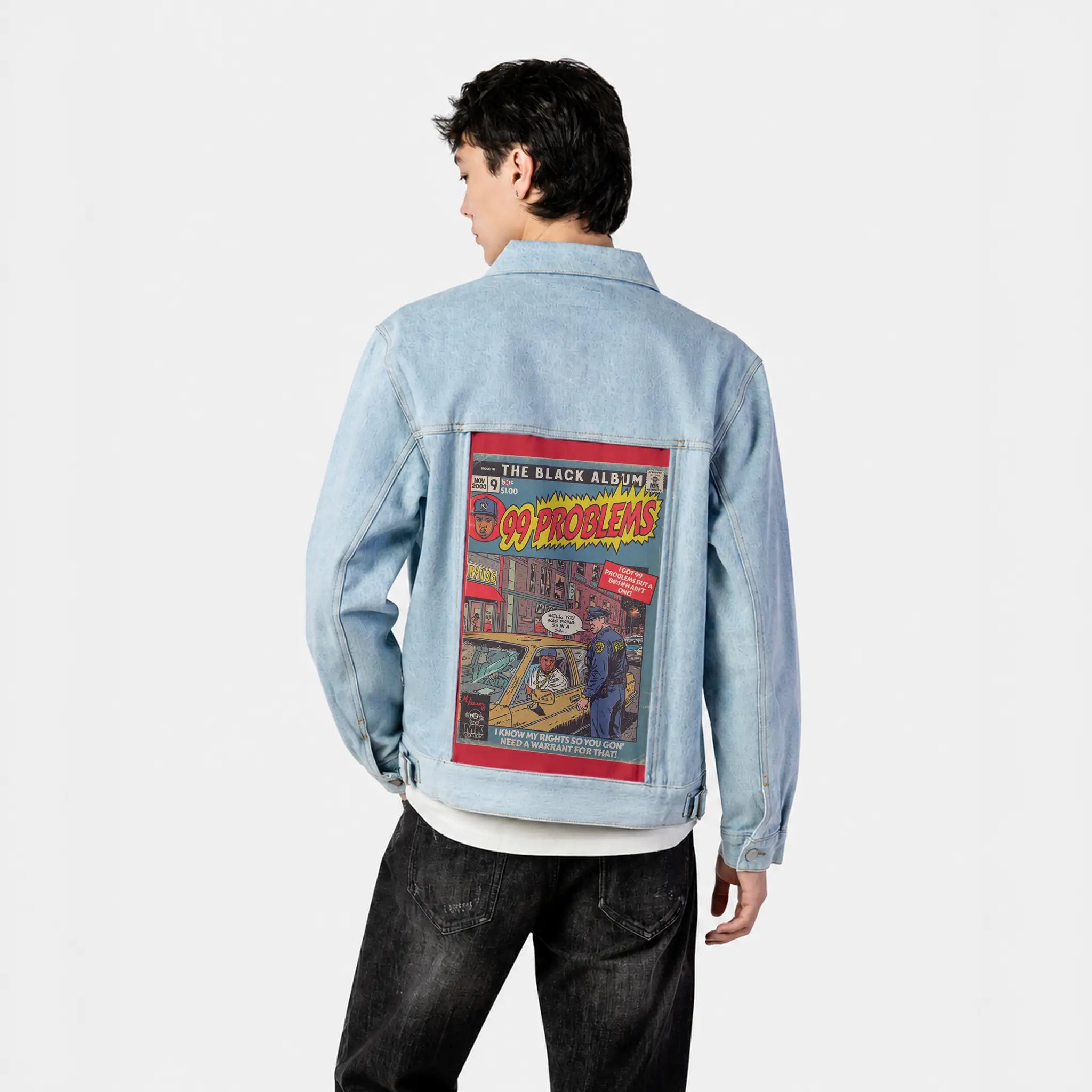99problems patch on male og denim jacket in oceanside