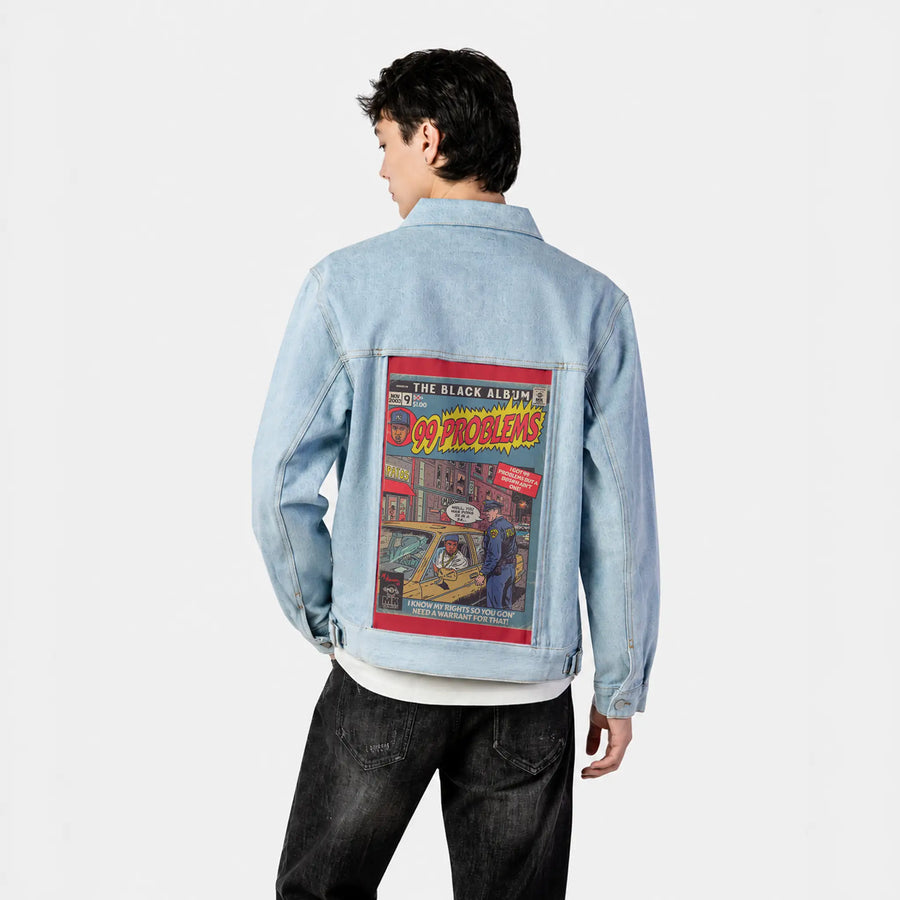 99problems patch on male og denim jacket in oceanside