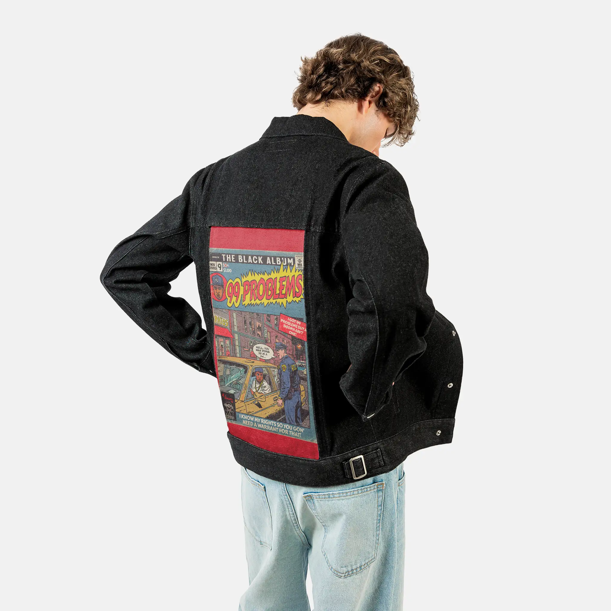 99problems patch on male og denim jacket in raven