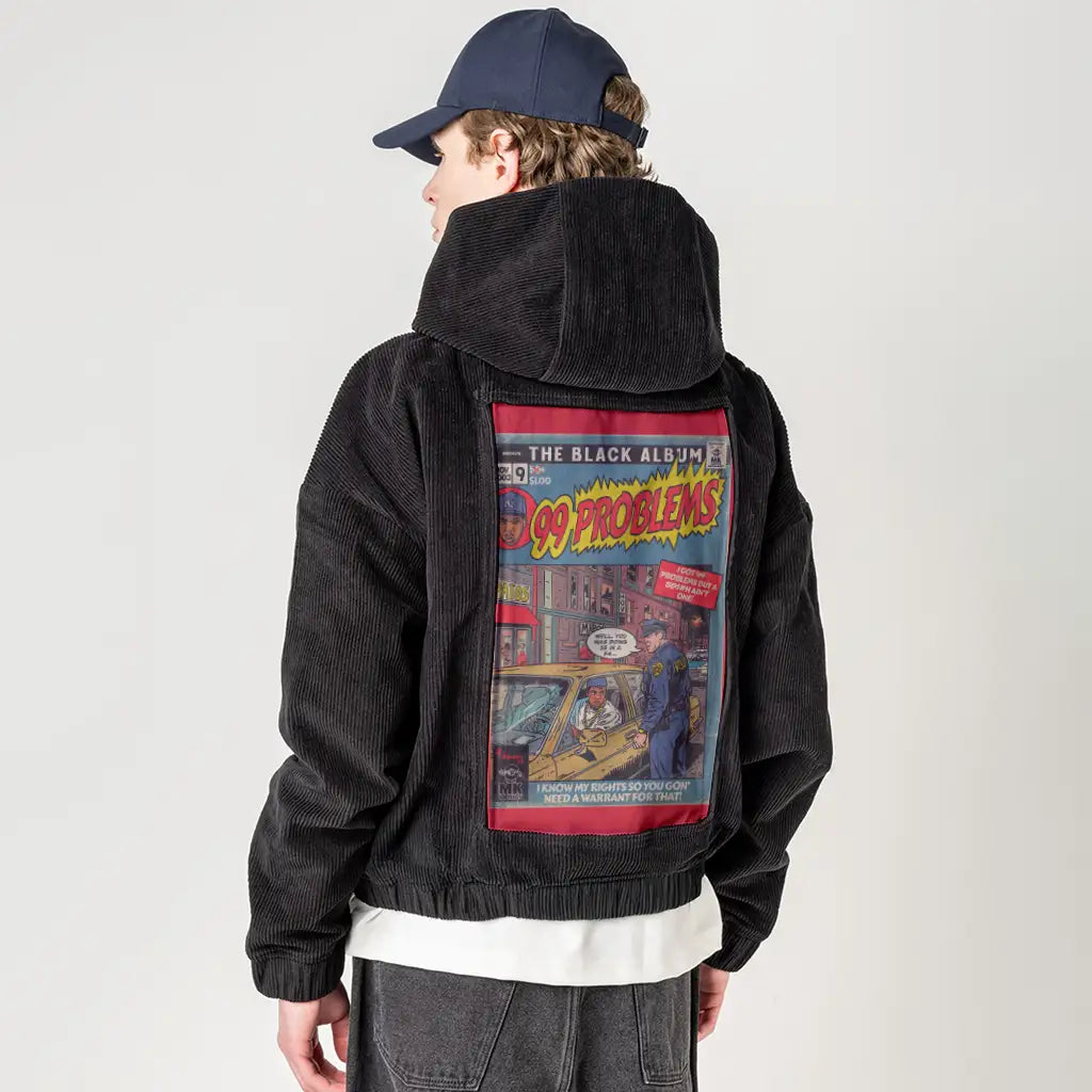 99problems patch on male retro cord hoodie in onyx