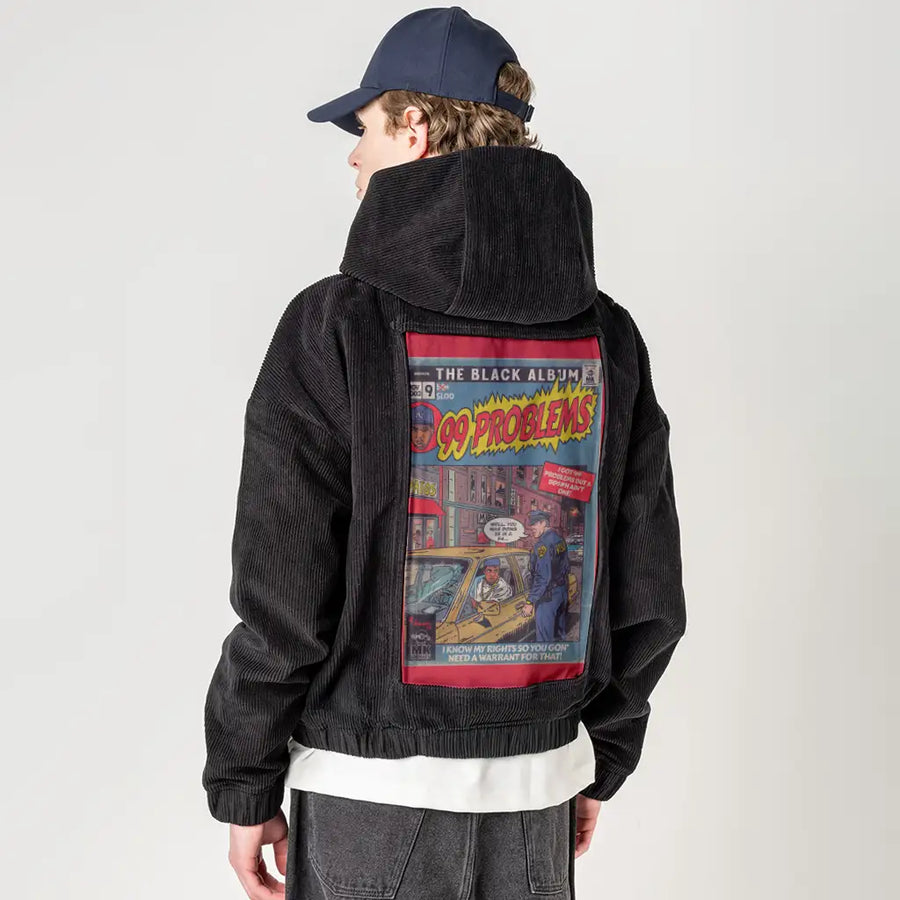 99problems patch on male retro cord hoodie in onyx