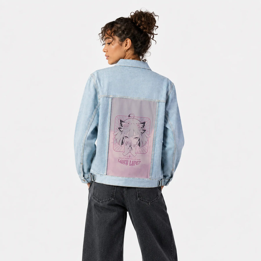 9lives patch on female og denim jacket in oceanside