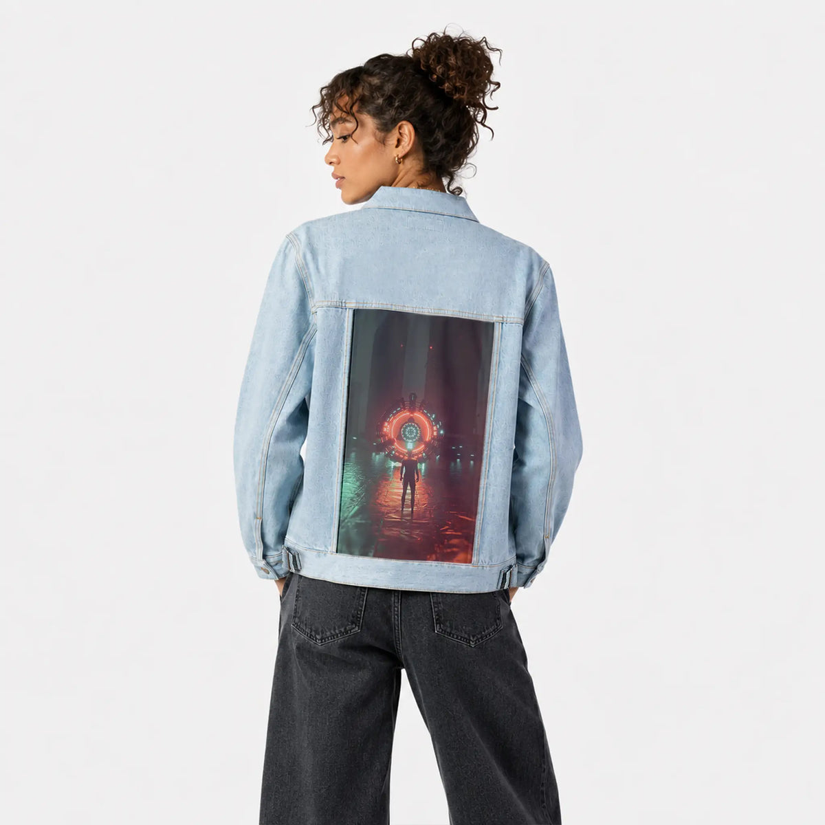 absolution patch on female og denim jacket in oceanside