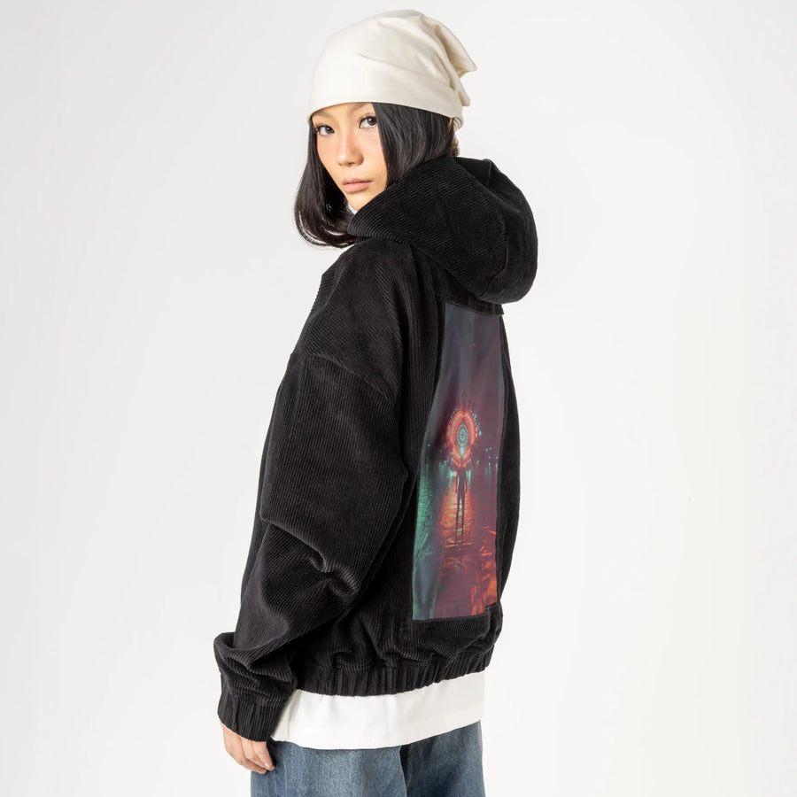 absolution patch on female retro cord hoodie in onyx