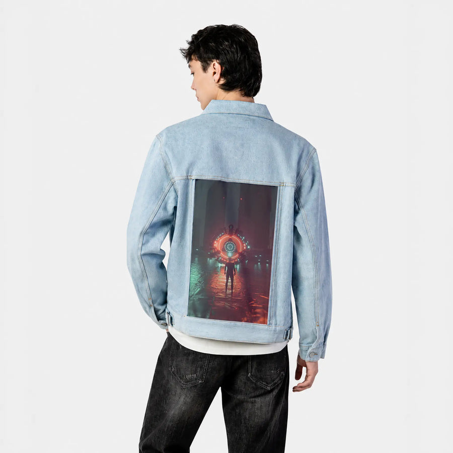 absolution patch on male og denim jacket in oceanside