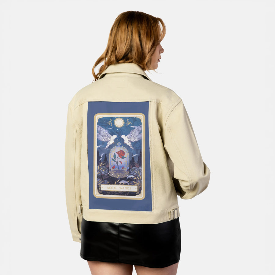 aceofwands patch on female atelier canvas jacket in tan