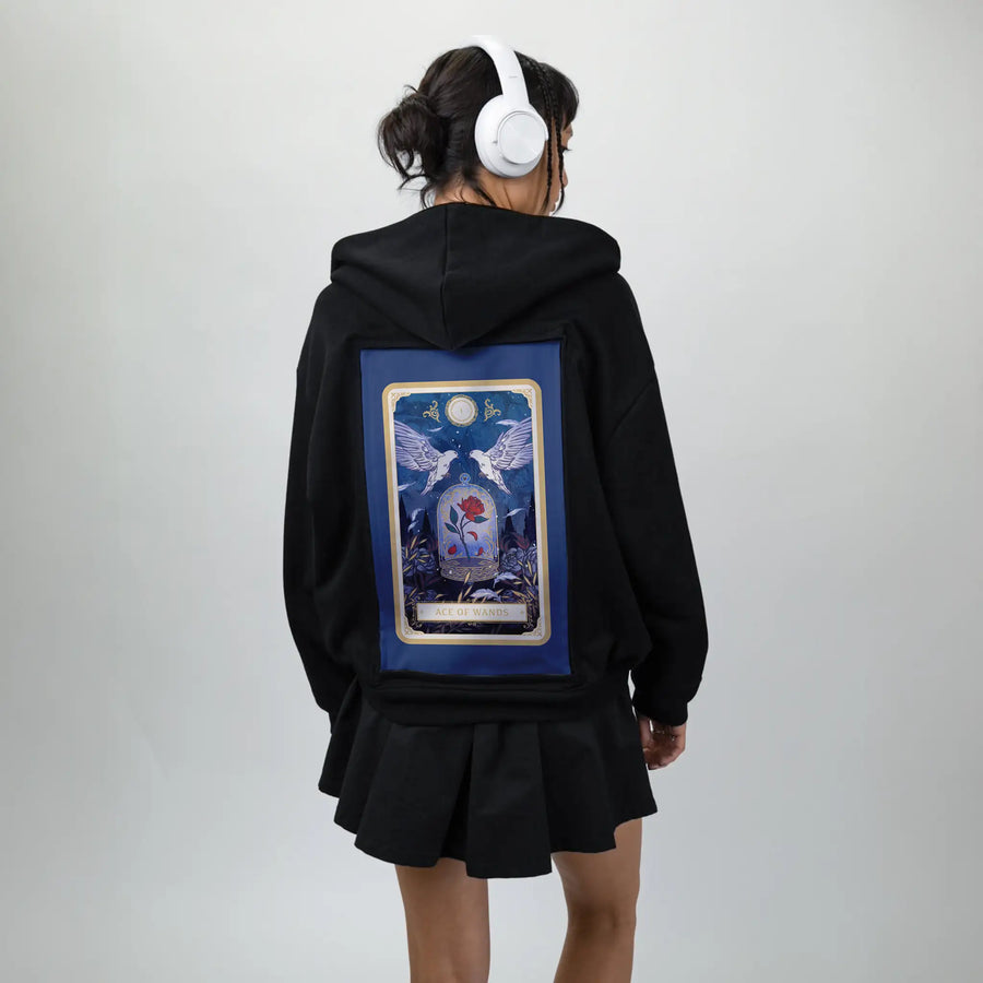 aceofwands patch on female essential zip hoodie in after hours