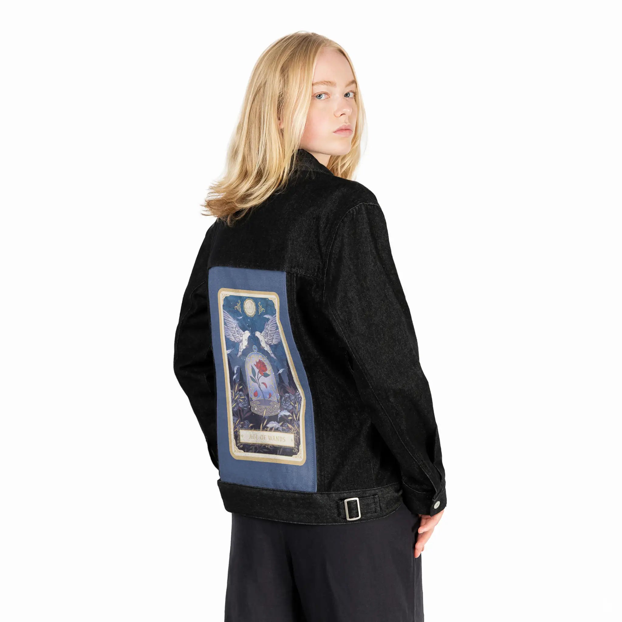 aceofwands patch on female og denim jacket in raven