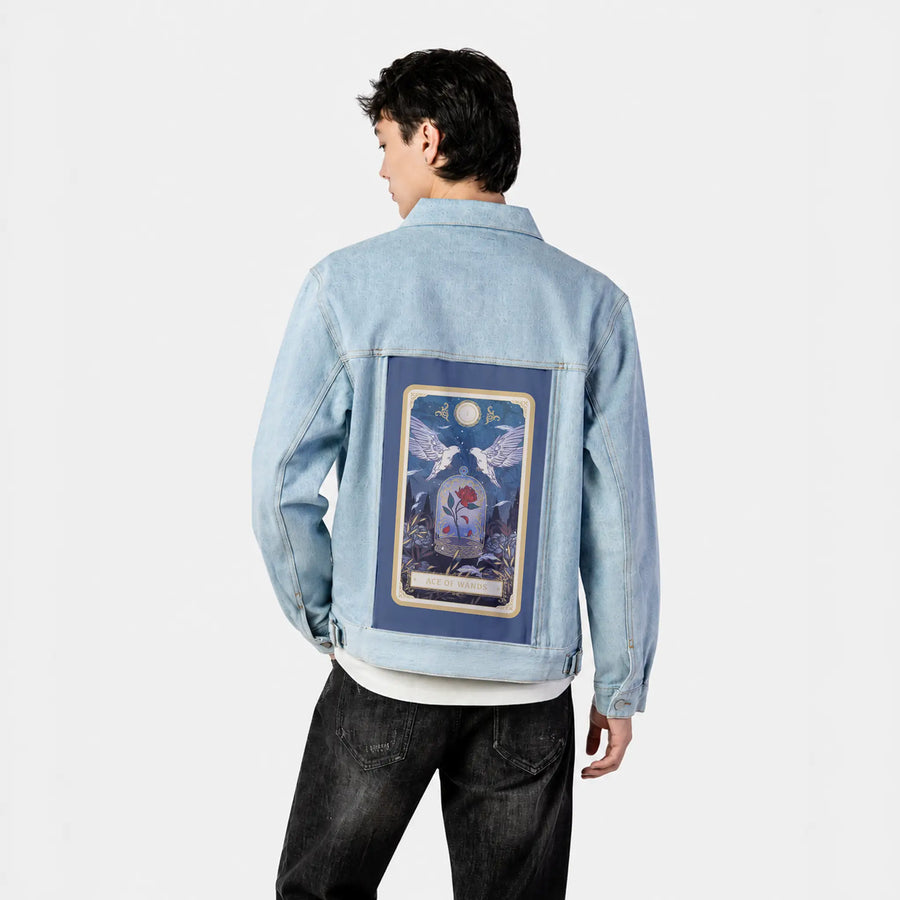 aceofwands patch on male og denim jacket in oceanside