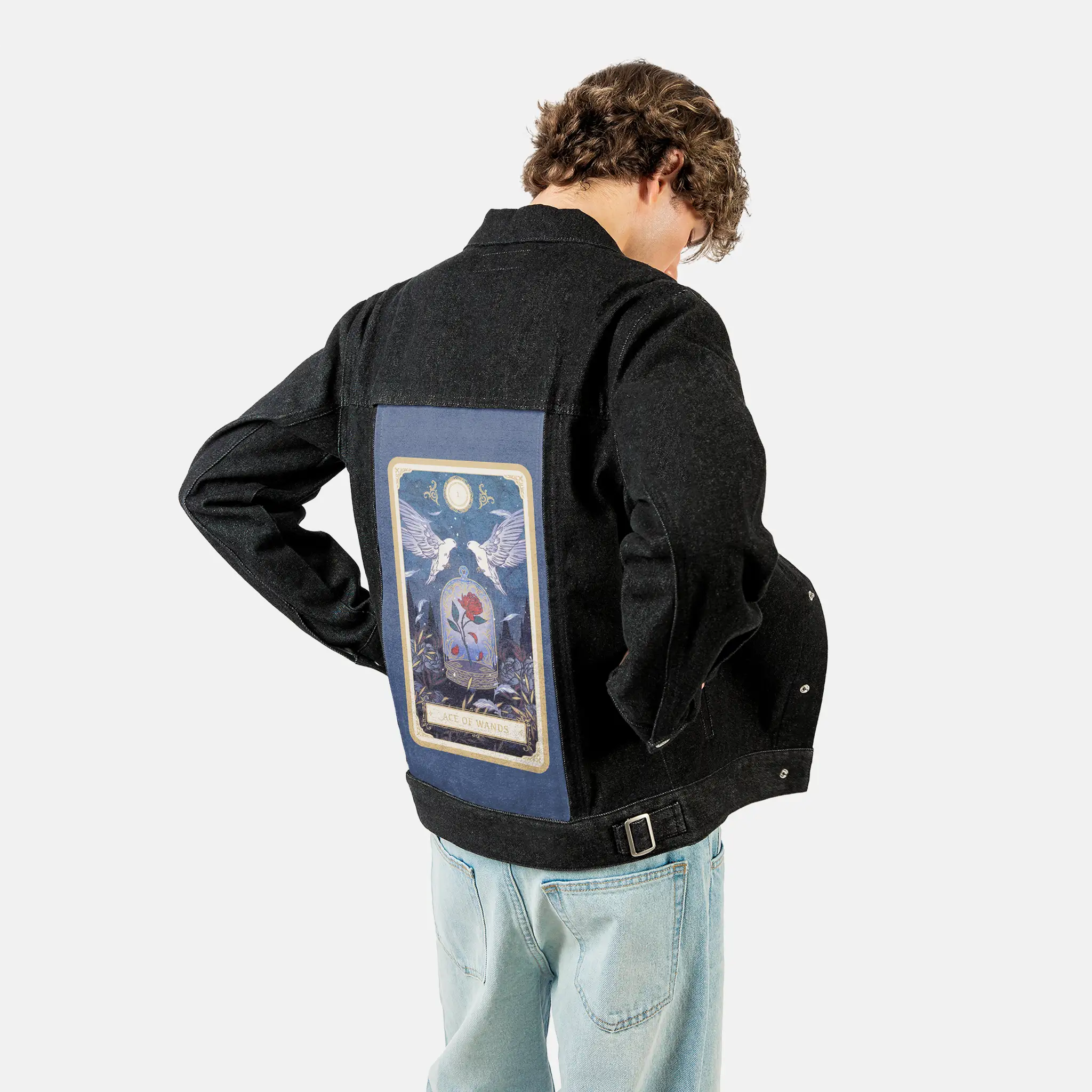 aceofwands patch on male og denim jacket in raven