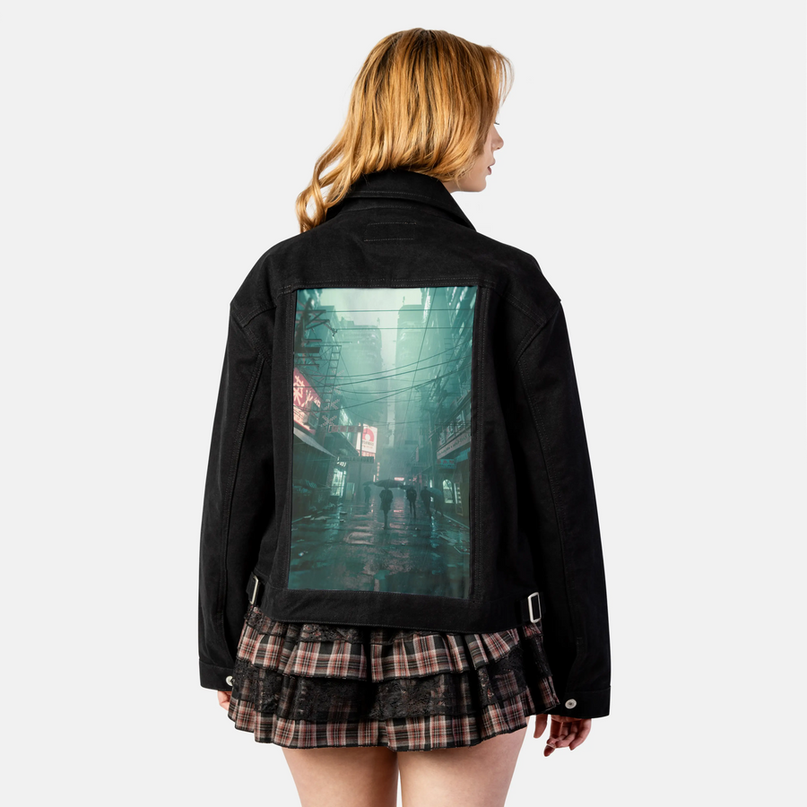 acidrain patch on female atelier canvas jacket in nightfall