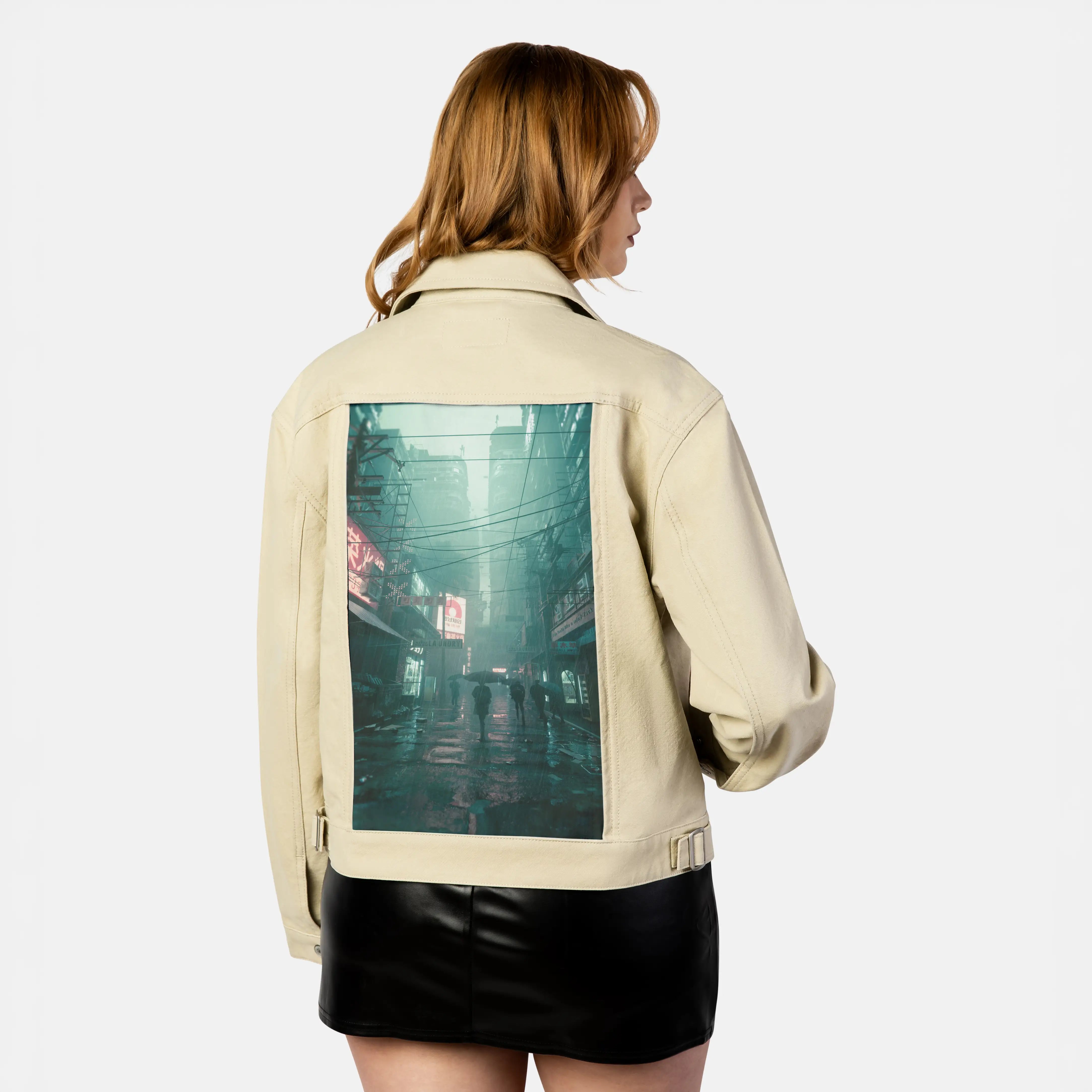acidrain patch on female atelier canvas jacket in tan