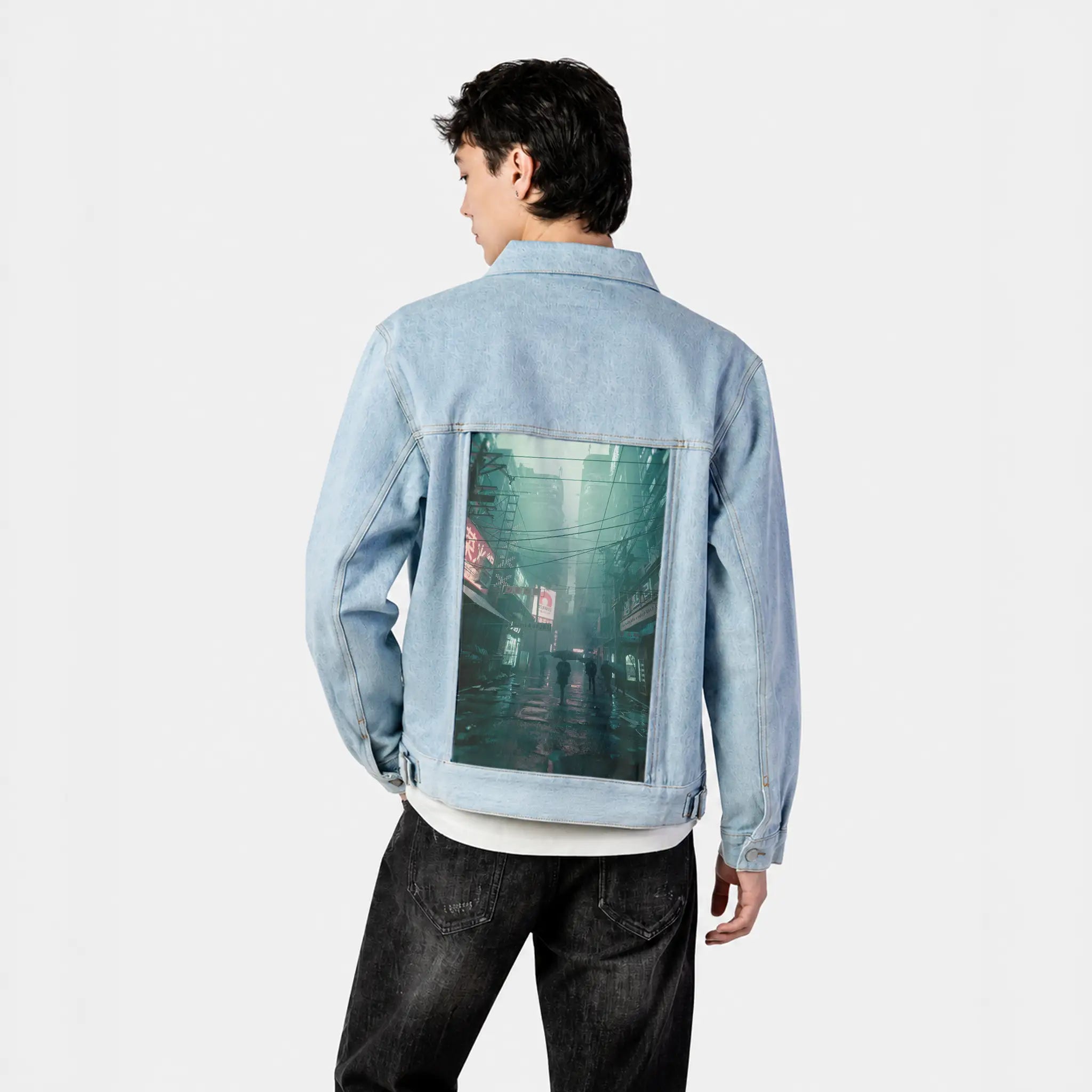 acidrain patch on male og denim jacket in oceanside