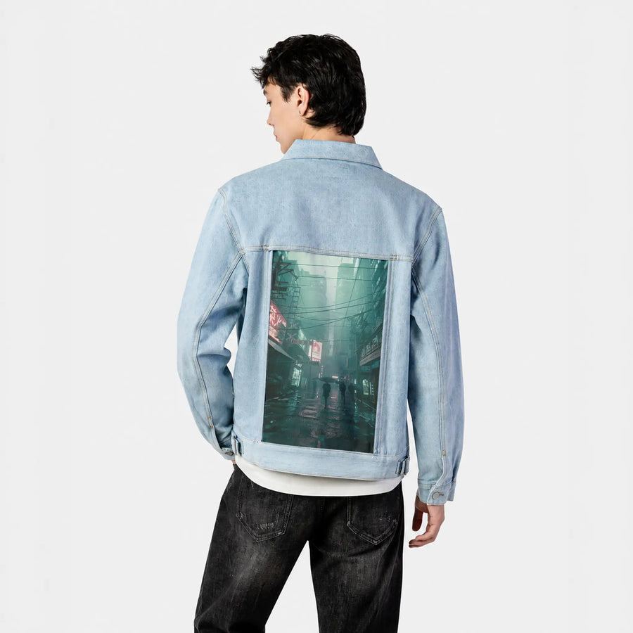 acidrain patch on male og denim jacket in oceanside