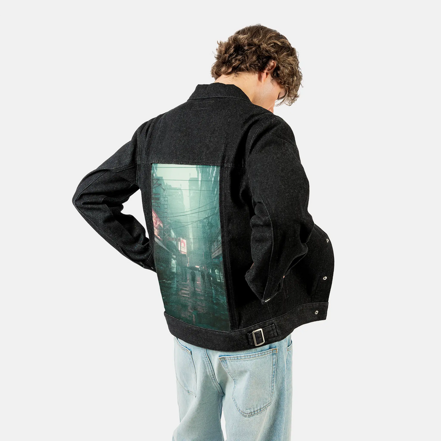 acidrain patch on male og denim jacket in raven