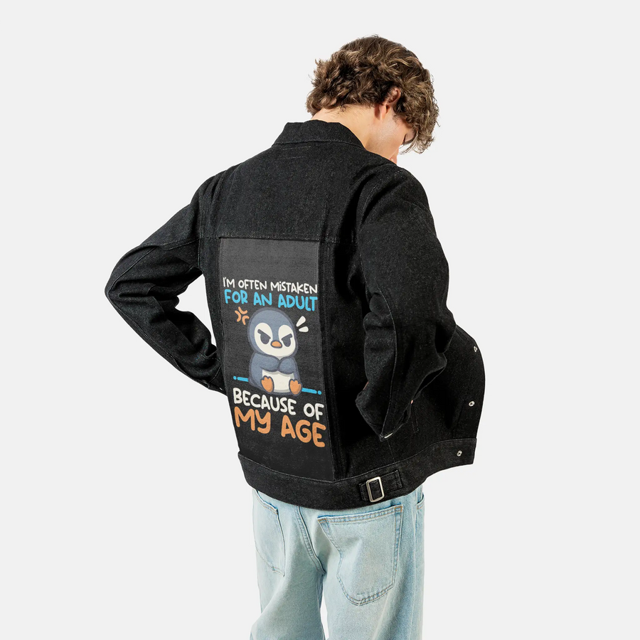 adultpenguin patch on male og denim jacket in raven