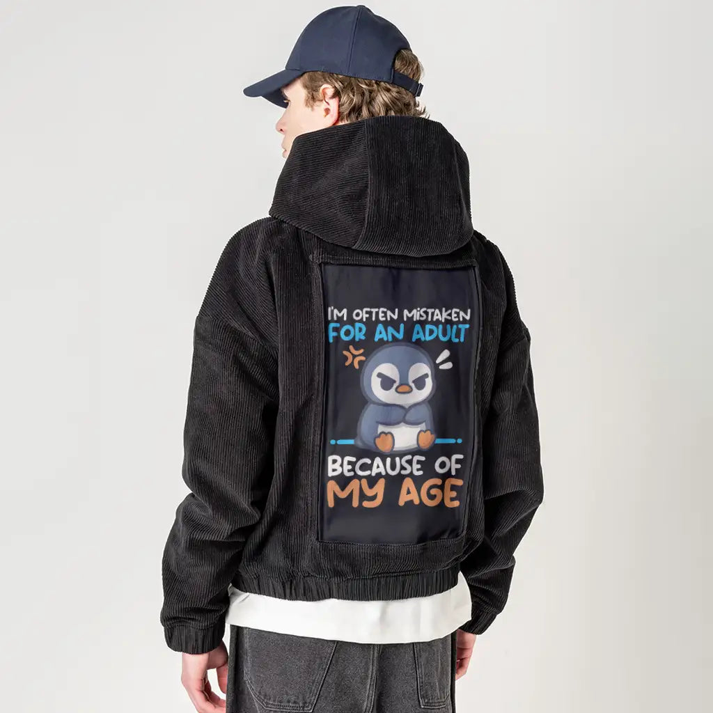 adultpenguin patch on male retro cord hoodie in onyx