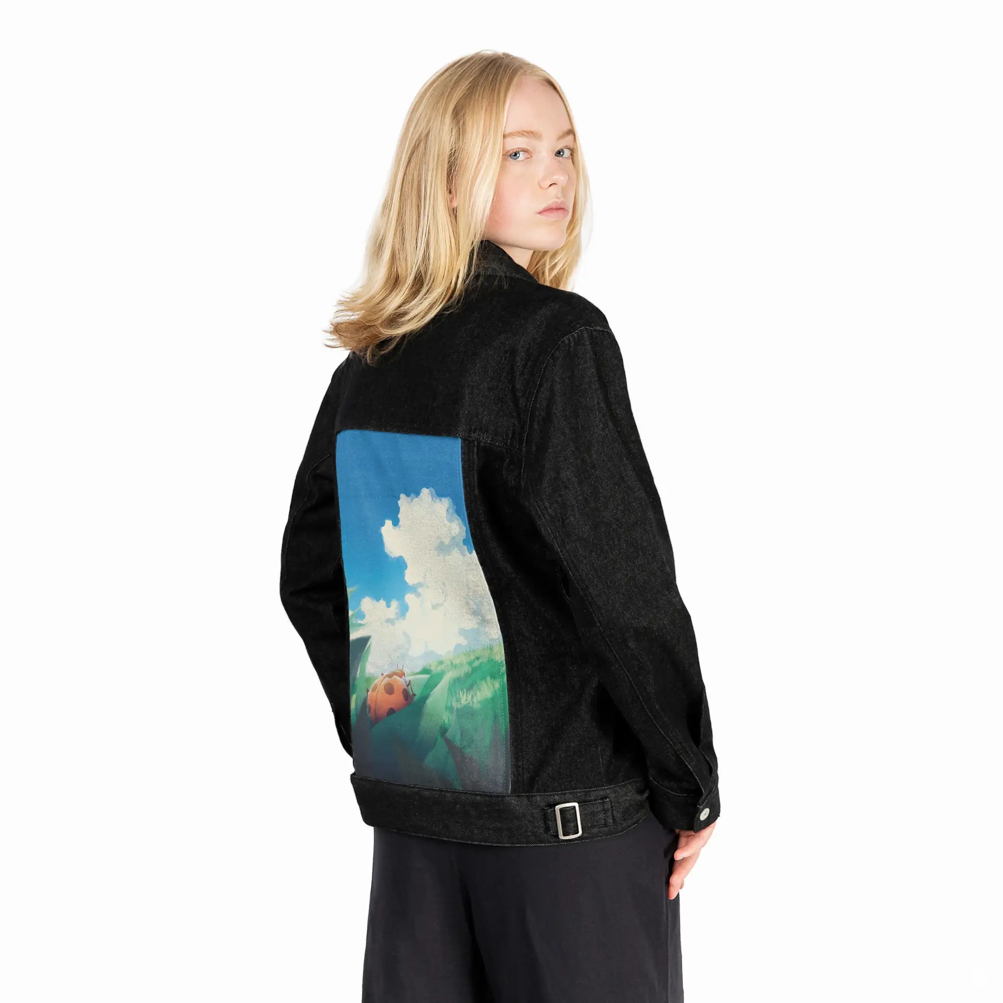 afternoon patch on female og denim jacket in raven