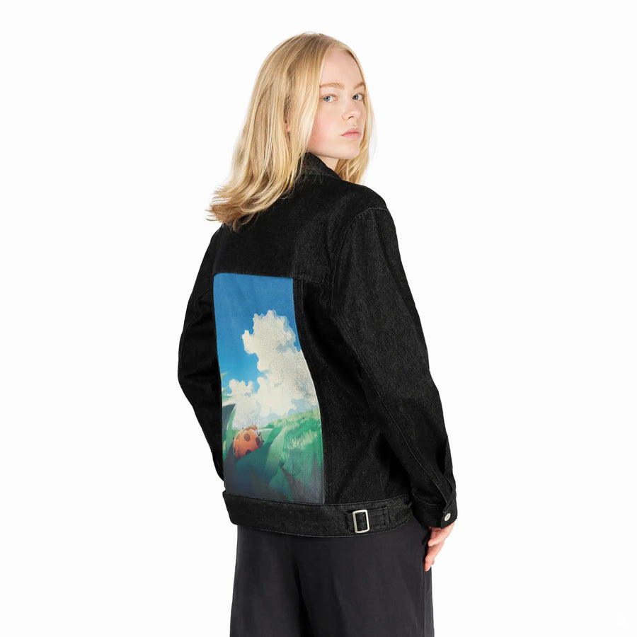 afternoon patch on female og denim jacket in raven
