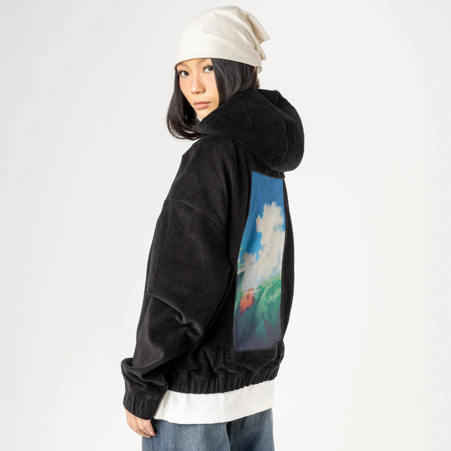 afternoon patch on female retro cord hoodie in onyx