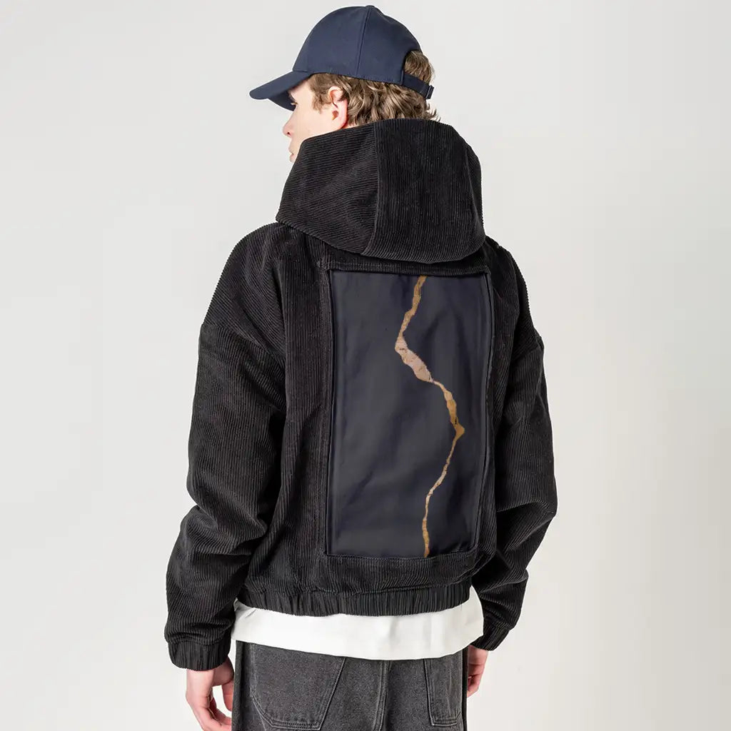 agate patch on male retro cord hoodie in onyx