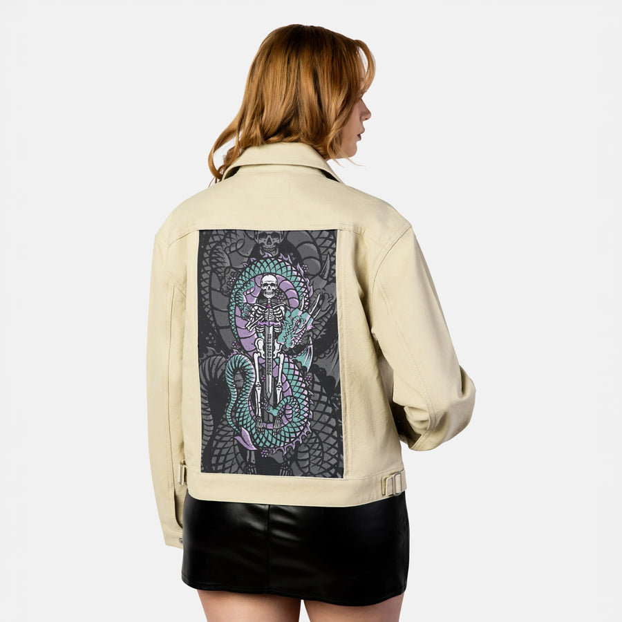 aheroesjourney patch on female atelier canvas jacket in tan