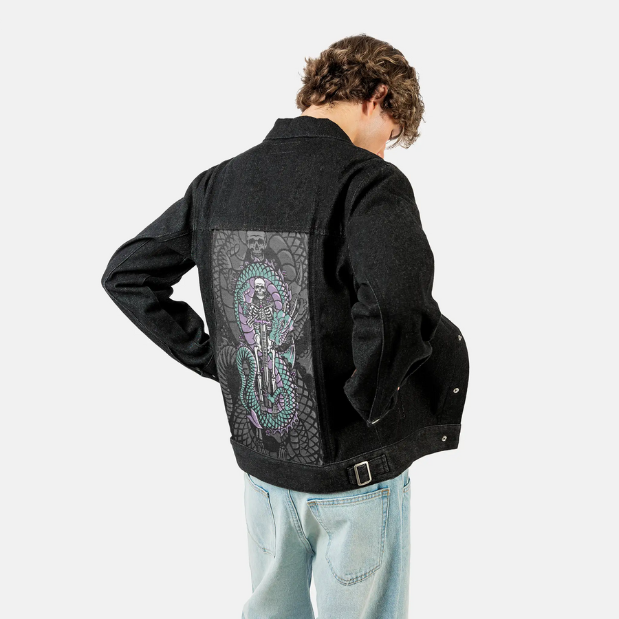 aheroesjourney patch on male og denim jacket in raven