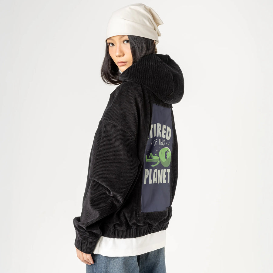 alienfeels patch on female retro cord hoodie in onyx