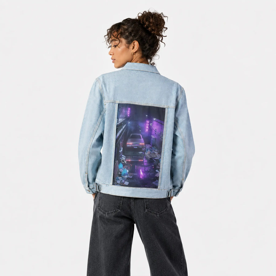 alleycat patch on female og denim jacket in oceanside