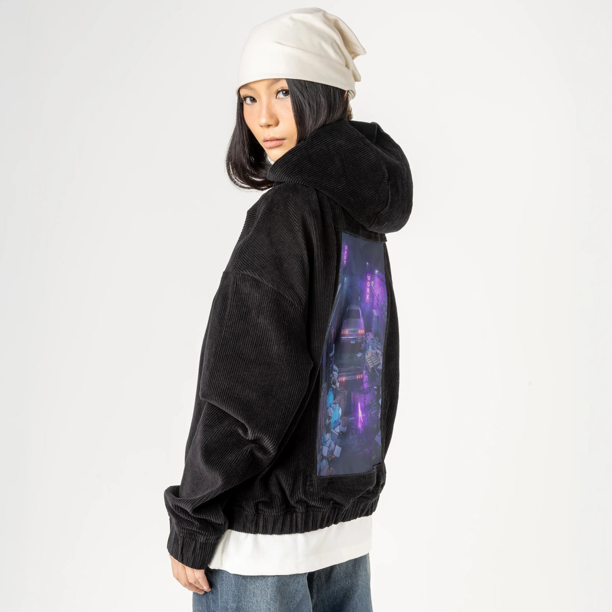 alleycat patch on female retro cord hoodie in onyx